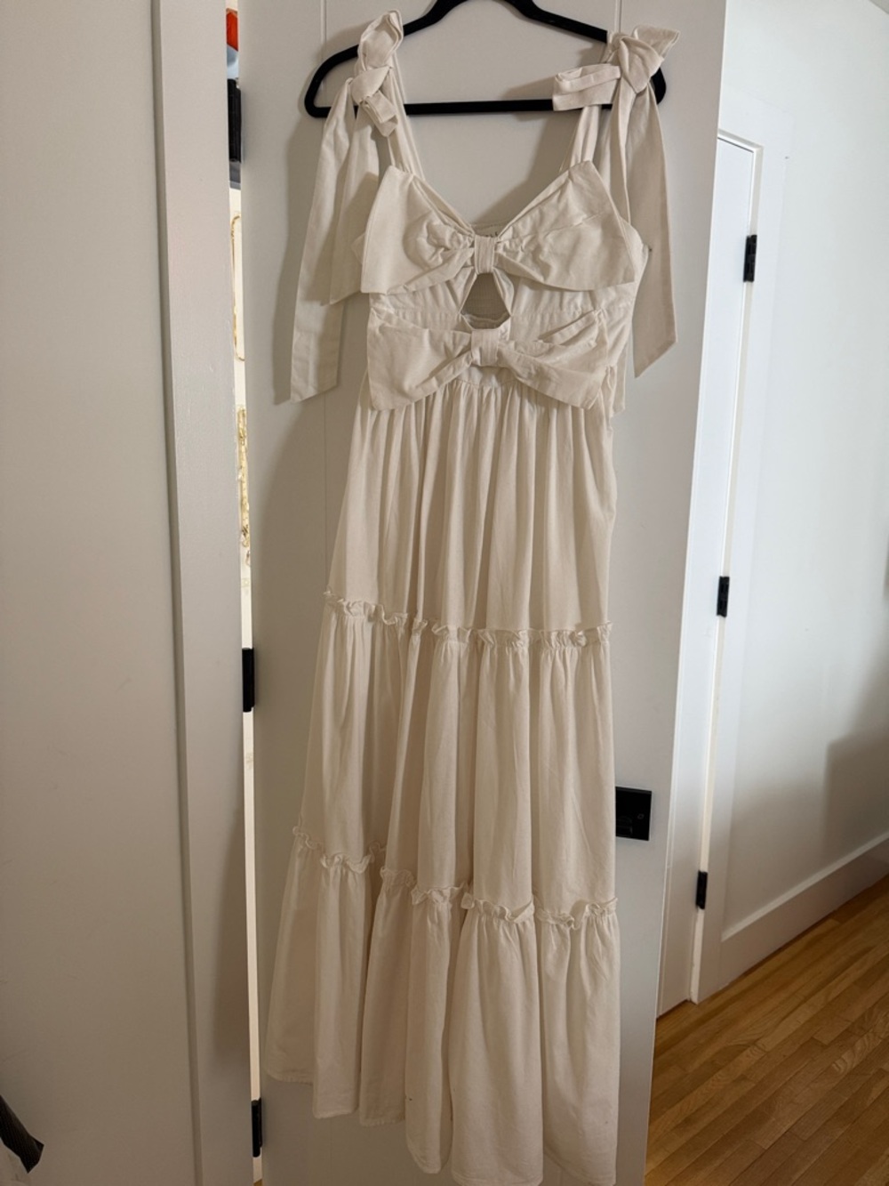 Cream Tie-Shoulder Maxi Dress with Front Bow Cutout